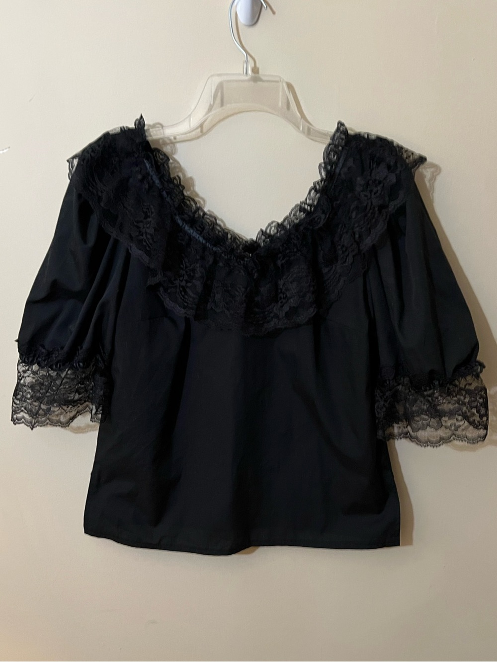 Vintage 80s Lace Trimmed Black Goth Blouse